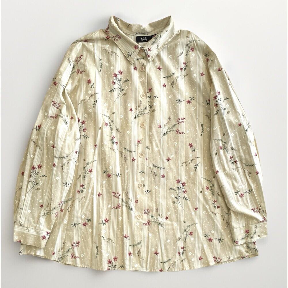 VTG Tapestry Striped Floral Cottagecore Shirt 3X Prairie Butter Yellow‎ Grandma